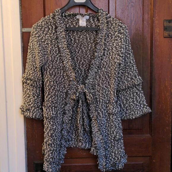 Papillon Blanc Black + White Popcorn Knit Ruffled Cardigan Sweater Sz M - Picture 7 of 9